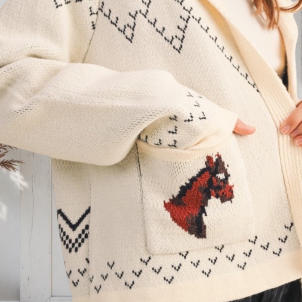 Ivory Horse Western Knit Shawl Collar Relaxed Fit Cardigan Sweater Fall Winter - Picture 2 of 3